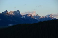 16 Waputik Peak, Pulpit Peak, Crowfoot Mountain, BowCrow Peak At Sunrise From Hill At Lake Louise Village.jpg